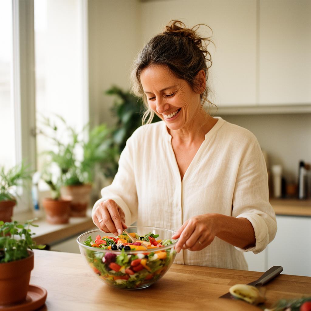 Femme épanouie de 48 ans préparant un repas sain dans une cuisine lumineuse
